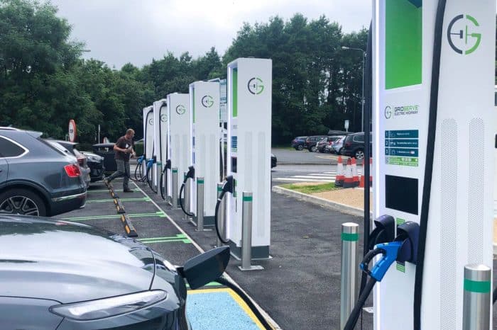 Rapid EV chargers at a UK motorway service area.